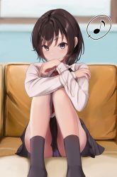 Rule 34 | 1girl, black panties, black socks, blush, brown eyes, brown hair, closed mouth, couch, dress shirt, female focus, fumei (mugendai), hair over shoulder, highres, knees to chest, knees up, long sleeves, looking at viewer, medium hair, miniskirt, musical note, necktie, no shoes, on couch, panties, pleated skirt, red necktie, shirt, sitting, skirt, smile, socks, solo, spoken musical note, touhou, underwear, upskirt, usami renko, white shirt