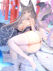 Rule 34 | 1girl, absurdres, animal ear fluff, animal ears, areola slip, arlene (ju), azur lane, bare shoulders, blush, breasts, cleavage, fox ears, fox girl, grey hair, hair ornament, highres, japanese clothes, kimono, kitsune, large breasts, long hair, looking at viewer, multiple tails, off shoulder, purple eyes, shinano (azur lane), solo, tail, thighhighs, thighs, white thighhighs