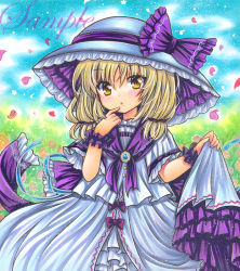 Rule 34 | 1girl, blonde hair, bow, dress, grass, hair between eyes, hand on own face, hands up, hat, louise (touhou), louise francoise le blanc de la valliere, marker (medium), medium hair, petals, purple bow, purple wristband, rui (sugar3), sky, solo, touhou, touhou (pc-98), traditional media, white dress, white hat, wristband, yellow eyes