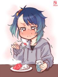 Rule 34 | 1girl, alternate costume, artist logo, blue hair, commentary request, curry, curry rice, dated, food, fukae (kancolle), glass, gradient hair, grey sweater, highres, hood, hooded sweater, hoodie, kanon (kurogane knights), kantai collection, multicolored hair, rice, short hair, side ponytail, sidelocks, simple background, solo, spoon, sweater, tearing up, tears, upper body, wavy hair, white background