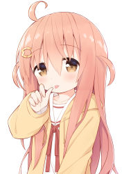 Rule 34 | 1girl, ahoge, ayanepuna, blush, brown eyes, brown jacket, closed mouth, commentary request, drawstring, hair between eyes, hair ornament, hairclip, highres, hood, hood down, hooded jacket, ii (ayanepuna), jacket, long hair, long sleeves, looking at viewer, neck ribbon, open clothes, open jacket, original, pink hair, puffy long sleeves, puffy sleeves, red ribbon, ribbon, sailor collar, school uniform, serafuku, shirt, simple background, sleeves past wrists, solo, tongue, tongue out, two side up, upper body, very long hair, white background, white sailor collar, white shirt