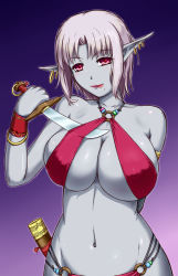 Rule 34 | 1girl, :p, arm behind back, armlet, bare shoulders, bikini, blue skin, blush, bracelet, breasts, cleavage, collarbone, colored skin, dark elf, earrings, elf, gradient background, grey hair, grey skin, highres, jewelry, knife, large breasts, licking lips, lipstick, looking at viewer, makeup, midriff, mole, mole under mouth, multi-strapped bikini bottom, navel, o-ring, o-ring bikini, panties, pointy ears, purple background, red bikini, red eyes, short hair, simple background, solo, string bikini, string panties, swimsuit, tongue, tongue out, underwear, ura omo