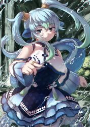 Rule 34 | 1girl, bare shoulders, blue eyes, blue hair, china dress, chinese clothes, closed mouth, dragon girl, dragon tail, dress, elbow gloves, gloves, hair ornament, highres, jewelry, kemono friends, long hair, looking at viewer, nature, okyao, outdoors, ring, seiryuu (kemono friends), solo, tail, twintails, water