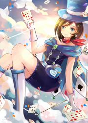 Rule 34 | 1girl, ace attorney, apollo justice: ace attorney, blue cape, blue eyes, blue hat, boots, brown hair, cape, card, earrings, gloves, hat, holding, holding card, jewelry, light rays, magician, mthelen, playing card, smile, solo, trucy wright, white footwear, white gloves