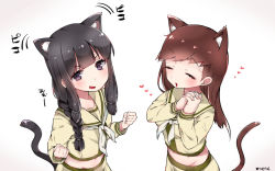 Rule 34 | 10s, 2girls, animal ears, bad id, bad pixiv id, black eyes, black hair, braid, brown hair, cat ears, cat tail, closed eyes, heart, highres, jewelry, kantai collection, kemonomimi mode, kitakami (kancolle), long hair, mitsudoue, multiple girls, ooi (kancolle), own hands clasped, own hands together, purple eyes, remodel (kantai collection), ring, school uniform, serafuku, tail