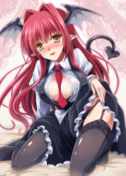 Rule 34 | 1girl, between breasts, black bra, black dress, black panties, black thighhighs, blush, bra, breasts, brown eyes, clothes lift, demon girl, demon tail, demon wings, dress, dress lift, garter straps, head wings, highres, juliet sleeves, koakuma, lace, lace-trimmed bra, lace-trimmed legwear, lace trim, large breasts, long hair, long sleeves, looking at viewer, necktie, necktie between breasts, open clothes, open dress, open mouth, open shirt, panties, pointy ears, puffy sleeves, red hair, shirt, sitting, smile, solo, tail, thighhighs, thighs, touhou, underwear, upskirt, very long hair, wings, yamu (reverse noise)