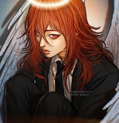 Rule 34 | 1boy, angel devil (chainsaw man), angel wings, black necktie, chainsaw man, collared shirt, feathered wings, formal, hair between eyes, halo, highres, long hair, looking at viewer, necktie, orange hair, red eyes, shirt, solo, suit, twitter username, umikochannart, white shirt, white wings, wings