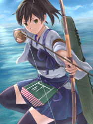 Rule 34 | 10s, 1girl, 3:, aiming, archery, arrow (projectile), black thighhighs, blue sky, bow (weapon), brown eyes, brown hair, cowboy shot, day, drawing bow, flight deck, gloves, gradient background, hair between eyes, hakama, hakama short skirt, hakama skirt, ho den keiji, holding, holding bow (weapon), holding weapon, japanese clothes, kaga (kancolle), kantai collection, kyuudou, looking at viewer, muneate, ocean, outdoors, partially fingerless gloves, partly fingerless gloves, pleated skirt, short hair, side ponytail, single glove, skirt, sky, solo, tasuki, thighhighs, weapon, yugake