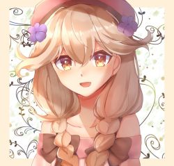 Rule 34 | 1girl, :d, braid, brown eyes, brown hair, collarbone, edamameoka, faye (fire emblem), fire emblem, fire emblem echoes: shadows of valentia, fire emblem heroes, flower, hair between eyes, hair flower, hair ornament, hat, looking at viewer, nintendo, official alternate costume, open mouth, smile, solo, twin braids, upper body