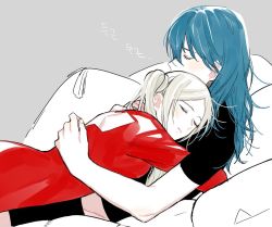 Rule 34 | 2girls, back cutout, byleth (female) (fire emblem), byleth (fire emblem), closed eyes, clothing cutout, edelgard von hresvelg, fire emblem, fire emblem: three houses, girl on top, green hair, grey background, hug, long hair, multiple girls, nintendo, parted lips, pillow, side ponytail, silver hair, simple background, since2019, sleeping, spooning, yuri