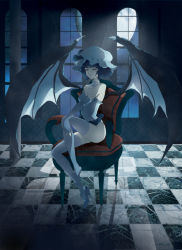 Rule 34 | 1girl, bad id, bad pixiv id, barefoot, bat wings, chair, checkered floor, demon wings, female focus, hat, high heels, looking at viewer, maryo, moon, night, perspective, red eyes, remilia scarlet, shoe dangle, shoes, short hair, single shoe, smile, solo, thighhighs, touhou, white thighhighs, wings