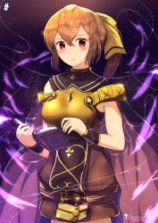 Rule 34 | 1girl, armor, artist name, bad id, bad pixiv id, blush, book, bow, breastplate, brown dress, brown hair, chinchongcha, closed mouth, cowboy shot, delthea (fire emblem), dress, fire emblem, fire emblem echoes: shadows of valentia, hair between eyes, hair bow, highres, holding, long hair, looking at viewer, nintendo, open book, red eyes, short dress, side ponytail, sleeveless, sleeveless dress, solo, standing, yellow bow