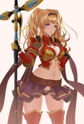 Rule 34 | 1girl, absurdres, armor, belt, blonde hair, blue eyes, braid, breasts, cleavage, cleavage cutout, clothing cutout, commentary request, cowboy shot, crown braid, gloves, granblue fantasy, hair between eyes, hair intakes, hairband, highres, koyaya, large breasts, navel, panties, parted lips, pauldrons, pink background, polearm, purple skirt, red armor, ribbon, shoulder armor, simple background, skirt, solo, spear, stomach, thighhighs, twintails, underwear, weapon, zeta (granblue fantasy)