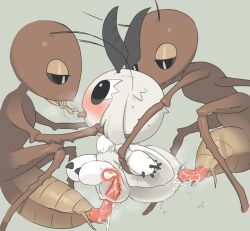 Rule 34 | 1girl, 2boys, after kiss, antennae, arm grab, arthropod girl, black eyes, double penetration, half-closed eyes, hetero, insect girl, insect wings, interspecies, mandibles, moth girl, multiple boys, open mouth, original, saliva trail, sex, sex from behind, simple background, solid circle eyes, sweat, tongue, tongue out, tosx, vaginal, wings