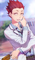 Rule 34 | 1boy, absurdres, artist name, belt, blazer, blurry, blurry background, commission, day, food, formal, haikyuu!!, hand up, highres, jacket, licking, licking finger, male focus, necktie, outdoors, pita (ppp), popsicle, purple necktie, red eyes, red hair, school, solo, spiked hair, standing, suit, tendou satori, white jacket