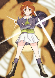 Rule 34 | 1girl, absurdres, black footwear, black socks, blue jacket, blurry, blurry background, boko (girls und panzer), boots, brown eyes, brown hair, closed mouth, commentary, crossed arms, depth of field, diffraction spikes, girls und panzer, green shirt, gunbuster pose, highres, jacket, light particles, long sleeves, looking at viewer, military, military uniform, miniskirt, nishizumi miho, ooarai military uniform, open clothes, open jacket, oritako, pleated skirt, shirt, short hair, skirt, smile, socks, solo, standing, stuffed animal, stuffed toy, teddy bear, uniform, white skirt, wind
