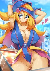 Rule 34 | 1girl, absurdres, armpits, arms behind head, ashraely, blonde hair, blue eyes, blush stickers, breasts, capelet, cleavage, cleft of venus, collarbone, covered erect nipples, curvy, dark magician girl, eyebrows hidden by hair, eyelashes, heart, helmet, highres, huge breasts, long hair, looking at viewer, no panties, outdoors, pentagram, pussy, revealing clothes, sky, smile, solo, uncensored, wide hips, yu-gi-oh!, yu-gi-oh! duel monsters