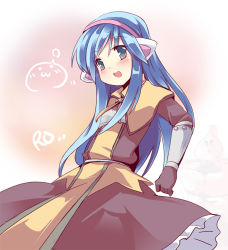 Rule 34 | 1girl, :3, animal ears, blue eyes, blue hair, blush, brown capelet, brown dress, capelet, cat ears, chest guard, commentary request, cowboy shot, dress, fa no hito, fake animal ears, frilled dress, frills, hairband, long hair, looking at viewer, open mouth, pink hairband, poring, ragnarok online, smile, solo focus, swordsman (ragnarok online)