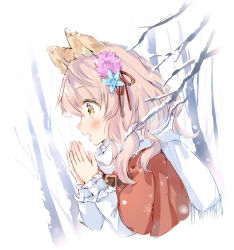 Rule 34 | 1girl, animal ear fluff, animal ears, blue flower, blush, branch, breath, brown eyes, capelet, commentary request, fang, flower, hair between eyes, hair flower, hair ornament, hair ribbon, hands up, long hair, long sleeves, looking away, open mouth, original, pink flower, pink hair, profile, red capelet, red ribbon, ribbon, scarf, shirt, sleeves past wrists, snowflakes, snowing, solo, upper body, wataame27, white scarf, white shirt, wolf-chan (wataame27), wolf ears