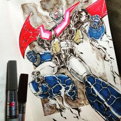 Rule 34 | 2016, art tools in frame, clenched hands, commentary, english commentary, flying, highres, looking down, mar-c!, marker (medium), mazinger (series), mazinger z, mazinger z: infinity, mazinger z (mecha), mecha, mechanical wings, photo (medium), robot, smoke, solo, super robot, traditional media, wings, yellow eyes