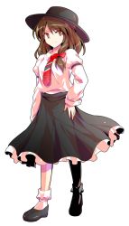Rule 34 | 1girl, alphes (style), bow, brown hair, dairi, full body, hair bow, hand on own hip, hat, highres, long hair, necktie, parody, red eyes, skirt, smile, solo, style parody, touhou, transparent background, usami renko, white background