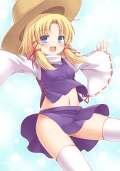 Rule 34 | 1girl, blonde hair, blue background, blue eyes, blush, breasts, hair ribbon, hat, highres, long sleeves, looking at viewer, midriff, miniskirt, moriya suwako, navel, no panties, open mouth, outstretched arms, ribbon, shirt, skirt, skirt set, small breasts, smile, solo, stomach, thighhighs, touhou, turtleneck, upskirt, vest, white thighhighs, wide sleeves, yuu (yu0221f), zettai ryouiki