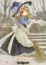 Rule 34 | 1girl, ama-tou, apron, blonde hair, bobby socks, bow, braid, broom, brown eyes, capelet, female focus, hat, hat bow, kirisame marisa, long hair, looking at viewer, mary janes, ribbon, shoes, single braid, smile, socks, solo, stairs, standing, star (symbol), touhou, waist apron, white socks, witch hat
