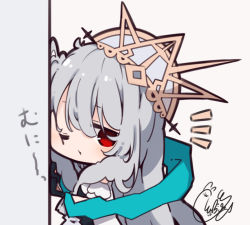 Rule 34 | 1girl, arknights, beni shake, cheek press, chibi, closed mouth, commentary request, grey background, grey hair, grey headwear, hagoromo, hair between eyes, long hair, looking at viewer, notice lines, one eye closed, red eyes, shawl, signature, simple background, skadi (arknights), skadi the corrupting heart (arknights), skadi the corrupting heart (sublimation) (arknights), solo, tilted headwear, translation request, very long hair