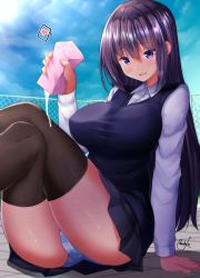Rule 34 | 1girl, arm support, black hair, black thighhighs, blue sky, blush, breasts, crossed legs, day, heart, highres, large breasts, long hair, looking at viewer, mokufuu, open mouth, original, outdoors, panties, pleated skirt, purple eyes, shirt, signature, sitting, skirt, sky, solo, speech bubble, spoken heart, striped clothes, striped panties, sweater vest, thighhighs, underwear, white shirt