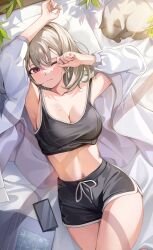 Rule 34 | 1girl, absurdres, animal, armpits, arms up, bare shoulders, bed sheet, black shorts, black tank top, book, breasts, brown hair, cat, cellphone, charging device, cleavage, closed mouth, commentary request, crop top, day, dolphin shorts, drawstring, from above, head on pillow, highres, large breasts, light smile, long sleeves, looking at viewer, lying, mole, mole on breast, navel, on back, one eye closed, open clothes, open shirt, original, phone, pink eyes, pomeo dayo, rubbing eyes, shadow, shirt, short hair, short shorts, shorts, sideboob, sidelighting, sleepwear, smartphone, solo, stomach, stretching, sunlight, tank top, thighs, waking up, white shirt