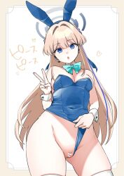 Rule 34 | 1girl, animal ears, blonde hair, blue archive, blue eyes, bow, bowtie, breasts, cleft of venus, clothing aside, detached collar, gluteal fold, hair between eyes, halo, highres, leotard, leotard aside, leotard pull, long hair, medium breasts, playboy bunny, pussy, rabbit ears, thighhighs, toki (blue archive), toki (bunny) (blue archive), tt (tt osc), v, white background, white thighhighs, wrist cuffs