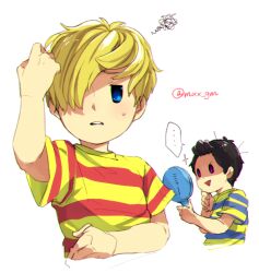 Rule 34 | ..., 2boys, :d, alternate hairstyle, artist name, black hair, blonde hair, blue eyes, blue shirt, blush, commentary request, cropped torso, frown, hair over one eye, hand mirror, hand up, looking at viewer, lucas (mother 3), male focus, mimxxpk, mirror, mother (game), mother 2, mother 3, multicolored clothes, multiple boys, ness (mother 2), nintendo, one eye covered, open mouth, parted lips, purple eyes, quiff, red shirt, shaded face, shirt, short hair, short sleeves, simple background, smile, speech bubble, spoken ellipsis, squiggle, striped clothes, striped shirt, sweatdrop, t-shirt, triangle mouth, twitter username, two-tone shirt, upper body, white background, yellow shirt