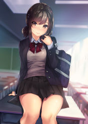 Rule 34 | 1girl, arm support, bag, black socks, blazer, blouse, blush, brown eyes, brown hair, cardigan, chalkboard, classroom, cowboy shot, desk, hair between eyes, hair ornament, twirling hair, hairclip, highres, indoors, jacket, kagematsuri, kneehighs, lips, looking at viewer, miniskirt, neck ribbon, on desk, open clothes, open jacket, original, playing with own hair, pleated skirt, ribbon, school, school bag, school desk, school uniform, shirt, short hair, short twintails, sidelocks, sitting, on desk, skirt, smile, socks, solo, sunlight, sweater vest, thighs, twintails, white shirt, window