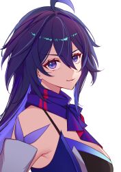 Rule 34 | 1girl, absurdres, akira (if eyeeye), colored inner hair, commentary request, from side, hair between eyes, highres, honkai: star rail, honkai (series), long hair, looking at viewer, looking to the side, multicolored hair, portrait, purple eyes, purple hair, purple scarf, scarf, seele (honkai: star rail), sidelocks, simple background, sleeveless, smile, solo, two-tone hair, white background