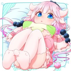 Rule 34 | 10s, 1girl, bed, bed sheet, blue eyes, capelet, commentary request, dragon girl, dragon horns, dragon tail, hair bobbles, hair ornament, hairband, horns, kanna kamui, kobayashi-san chi no maidragon, light purple hair, long hair, looking at viewer, low twintails, lying, pillow, sakuramochi (sakura frappe), solo, tail, thighhighs, twintails, white thighhighs