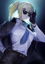 Rule 34 | 1girl, adjusting eyewear, adjusting glasses, belt, belt buckle, black belt, black gloves, black jacket, black pants, blonde hair, blue eyes, blue necktie, breasts, buckle, closed mouth, collared shirt, commentary request, copyright request, eyebrows hidden by hair, eyewear pull, formal, gloves, hand on own hip, highres, jacket, jacket on shoulders, long hair, long sleeves, looking at viewer, looking over eyewear, looking over glasses, medium breasts, mole, mole under mouth, necktie, pants, pulled by self, shirt, solo, soupchan, suit, sunglasses, tie clip, tinted eyewear, twintails, white shirt