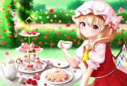 Rule 34 | 1girl, ascot, blonde hair, blurry, blurry background, cake, cake slice, cherry blossoms, commentary request, creamer (vessel), cup, cupcake, day, elbows on table, expressionless, flandre scarlet, flower, food, food-themed hair ornament, hair between eyes, hair flower, hair ornament, hat, hat ribbon, hedge, highres, holding, holding cup, light blush, looking at viewer, macaron, mixed-language commentary, mob cap, nyanyanoruru, one side up, outdoors, pancake, pink hat, puffy short sleeves, puffy sleeves, red eyes, red flower, red rose, red skirt, red vest, redrawn, ribbon, rose, saucer, shirt, short hair, short sleeves, sitting, skirt, solo, strawberry hair ornament, strawberry shortcake, table, tea set, teacup, teapot, tiered tray, touhou, vest, walkway, white shirt, wings, yellow ascot
