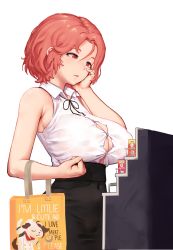 Rule 34 | 1girl, absurdres, bad id, bad pixiv id, bag, bare shoulders, black ribbon, black skirt, breasts, bursting breasts, button gap, clenched hand, collared shirt, covered navel, english text, fortune (last origin), greentree, hachiko of castling, hair between eyes, hand on own cheek, hand on own face, highres, holding, holding bag, large breasts, last origin, looking down, neck ribbon, no bra, parted lips, pencil skirt, red eyes, red hair, ribbon, shirt, shirt tucked in, shopping, short hair, simple background, skirt, sleeveless, sleeveless shirt, solo, white background, white shirt
