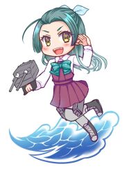 Rule 34 | 1girl, adapted turret, aqua bow, aqua bowtie, bow, bowtie, cannon, dress, forehead, full body, gradient hair, green hair, grey pantyhose, hair ribbon, halter dress, halterneck, izumi shara, kantai collection, long hair, multicolored hair, open mouth, pantyhose, pleated dress, polka dot, polka dot ribbon, purple dress, ribbon, simple background, smile, solo, suzunami (kancolle), teeth, torpedo launcher, turret, upper teeth only, water, white background, yellow eyes