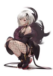 Rule 34 | 1girl, alter ego malevolent (granblue fantasy), black collar, black footwear, black jacket, boots, breasts, cleavage, closed mouth, collar, djeeta (granblue fantasy), feather boa, fishnet pantyhose, fishnets, full body, granblue fantasy, grey hair, hair ornament, highres, jacket, jewelry, lips, looking at viewer, majo (pastamajo), medium breasts, pantyhose, red eyes, short hair, simple background, single leg pantyhose, smile, solo, squatting, white background, x hair ornament