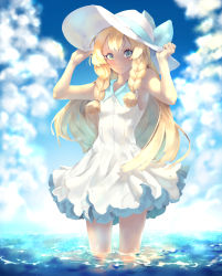 Rule 34 | 1girl, bad id, bad pixiv id, bare shoulders, blonde hair, blush, braid, breasts, creatures (company), dress, game freak, green eyes, hat, highres, lillie (pokemon), long hair, looking at viewer, nintendo, ocean, pokemon, pokemon sm, sleeveless, sleeveless dress, small breasts, solo, sun hat, yelsh