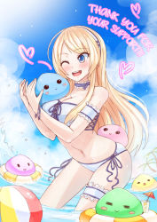 Rule 34 | 1girl, :&gt;, :&lt;, ;d, = =, armband, ball, beachball, bikini, blonde hair, blue eyes, blue sky, blush, bracelet, breasts, bridal garter, choker, cleavage, cloud, cocktail umbrella, commentary, creature, crystalline, cup, day, drink, drinking glass, english text, front-tie bikini top, front-tie top, hairband, heart, highres, innertube, jewelry, large breasts, leanna dawn, long hair, navel, one eye closed, open mouth, palm tree, pango (crystalline), side-tie bikini bottom, sky, smile, strapless, sunimu, swim ring, swimsuit, thank you, tree, wading, water, water drop, wet
