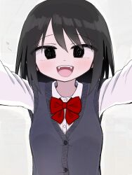 Rule 34 | 1girl, @ @, black eyes, black hair, black sweater vest, bow, bowtie, commentary request, highres, medium hair, open mouth, original, pov, reaching, reaching towards viewer, red bow, red bowtie, smile, solo, sweater vest, tawasiupa, upper body