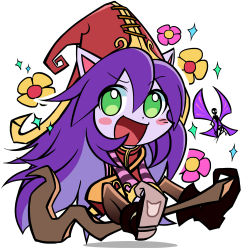 Rule 34 | 1girl, animal ears, bad id, bad pixiv id, blush, boots, chibi, colored skin, fairy, flower, green eyes, hat, league of legends, long hair, lulu (league of legends), melon3, pix (league of legends), purple hair, purple skin, solo, staff, witch hat