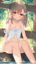 Rule 34 | 1girl, :o, absurdres, areola slip, arms at sides, babydoll, bare arms, bare legs, bare shoulders, blush, bow, braid, breasts, brown eyes, brown hair, choujin koukousei-tachi wa isekai demo yoyuu de ikinuku you desu!, clothes off, collarbone, day, fingernails, flower, hair between eyes, hair bow, hair flower, hair ornament, highres, lingerie, long hair, looking at viewer, navel, nipples, off shoulder, oohoshi ringo, open mouth, outdoors, sacraneco, see-through, sitting, small breasts, solo, stomach, thighs, tree, twin braids, underwear, wading, water, wet, white bow