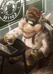 Rule 34 | absurdres, black scarf, bowser, brand name imitation, cellphone, commentary, computer, cup, english commentary, glasses, highres, holding, holding cup, holding phone, hugo-h2p, indoors, laptop, mario (series), nintendo, no humans, phone, scarf, sharp teeth, signature, solo, starbucks, steam, teeth
