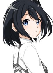 Rule 34 | 1girl, anime coloring, bad id, bad twitter id, black hair, blue eyes, closed mouth, commentary request, dress, eyes visible through hair, from side, looking at viewer, looking to the side, original, shirt, simple background, smile, solo, suzunari shizuku, upper body, white background, white shirt, yuki arare
