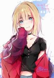Rule 34 | 1girl, artist name, black shirt, blonde hair, blue eyes, choker, collarbone, copyright name, crying, crying with eyes open, cuts, hand on own cheek, hand on own face, highres, injury, jacket, kawai rika, light smile, multicolored hair, off-shoulder jacket, off shoulder, open clothes, open jacket, shirt, signature, solo, streaked hair, tears, uchuunin, wonder egg priority