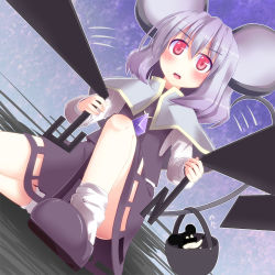 Rule 34 | 1girl, animal ears, capelet, censored, disney, dutch angle, female focus, grey hair, identity censor, mickey mouse, mouse ears, mouse tail, nazrin, on one knee, razy (skuroko), red eyes, short hair, solo, tail, touhou