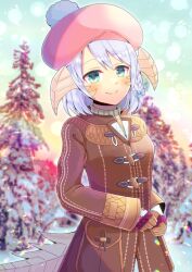 Rule 34 | 1girl, au ra, beret, blue sky, brown coat, closed mouth, coat, commentary request, commission, day, dragon girl, dragon horns, dragon tail, final fantasy, final fantasy xiv, fingerless gloves, gloves, green eyes, grey hair, hat, horns, kou hiyoyo, long sleeves, looking at viewer, outdoors, own hands together, pink hat, purple gloves, skeb commission, sky, smile, snow, solo, tail, tree